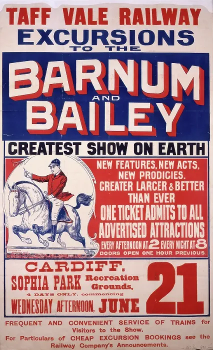 Framed Print : Taff Vale Railway poster advertising the visit of Barnum and Bailey's circus to Cardiff, 1899 Framed Print : Taff Vale Railway poster advertising the visit of Barnum and Bailey's circus to Cardiff, 1899