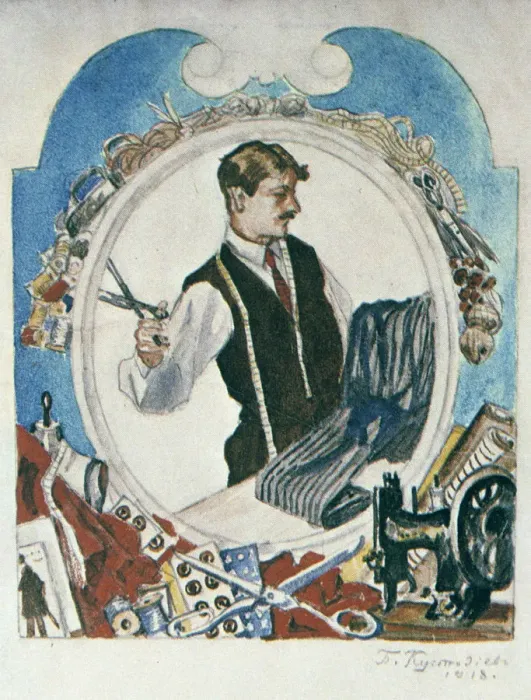 Framed Print : The Tailor, 1918. Artist: Boris Mikhajlovich Kustodiev Framed Print : The Tailor, 1918. Artist: Boris Mikhajlovich Kustodiev