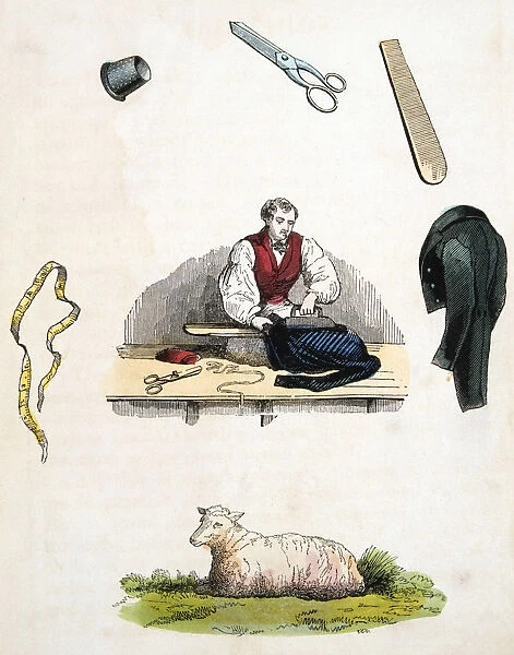 Tailor, c1845. In the centre the tailor is using a flat iron to press a