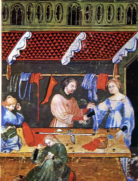 Tailoring. Miniature in Tacuinum sanitatis, illuminated manuscript of the late 14th century
