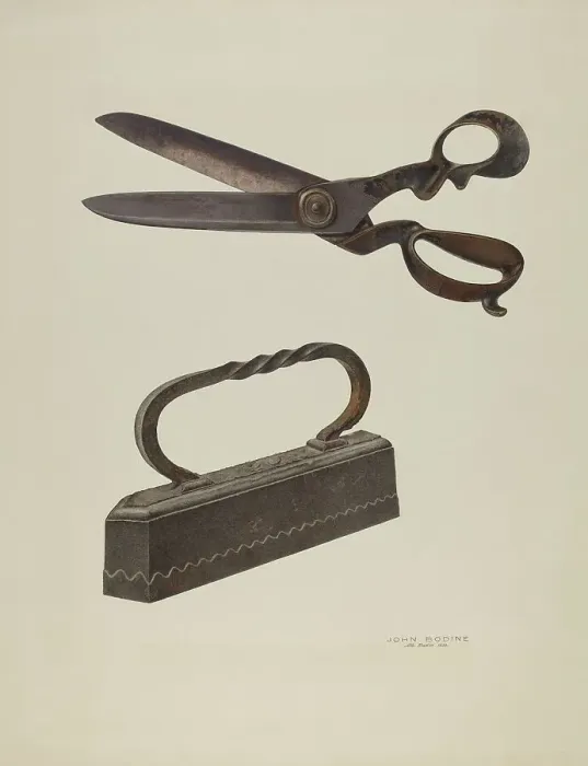 Framed Print : Tailor's Shears and Iron, c. 1939. Creator: John Bodine Framed Print : Tailor's Shears and Iron, c. 1939. Creator: John Bodine