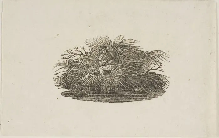 Framed Print : Tailpiece: Man in Bush, n. d. Creator: Thomas Bewick Framed Print : Tailpiece: Man in Bush, n. d. Creator: Thomas Bewick