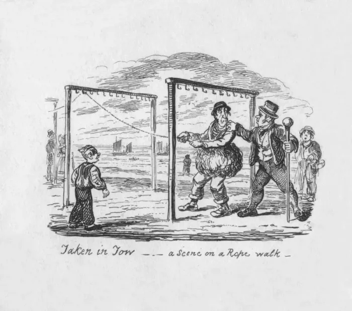 Framed Print : Taken in Tow - A Scene on a Rope walk, 1829. Artist: George Cruikshank Framed Print : Taken in Tow - A Scene on a Rope walk, 1829. Artist: George Cruikshank