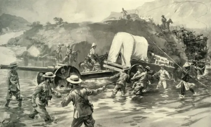 Framed Print : Taking the 4. 7 Naval Gun Across The Tugela, 1900. Creator: Joseph Finnemore Framed Print : Taking the 4. 7 Naval Gun Across The Tugela, 1900. Creator: Joseph Finnemore
