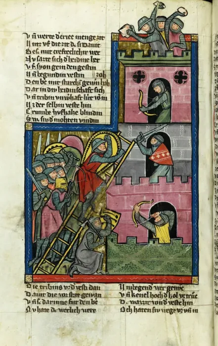 Framed Print : Taking a Castle in Jerusalem (From the Chronicle of the World (Weltchronik) by Rudolf von Ems). Artist: Master of the Chronicle of the World (Weltchronik) (active ca 1300) Framed Print : Taking a Castle in Jerusalem (From the Chronicle of the World (Weltchronik) by Rudolf von Ems). Artist: Master of the Chronicle of the World (Weltchronik) (active ca 1300)