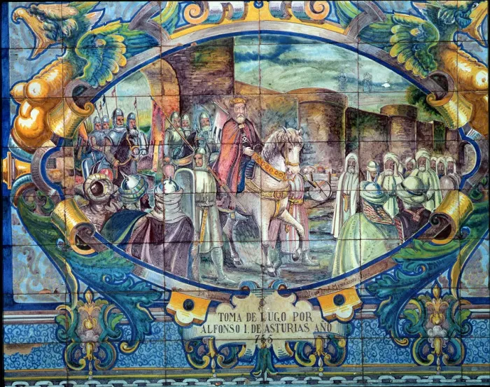 Framed Print : Taking Lugo by Alphonse I of Asturias in 755, tile panel in the Spain square in Seville Framed Print : Taking Lugo by Alphonse I of Asturias in 755, tile panel in the Spain square in Seville