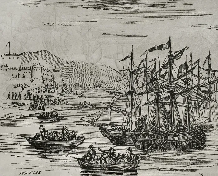 Framed Print : The Taking of Menorca, November 7, 1798, (1851). Creator: Unknown Framed Print : The Taking of Menorca, November 7, 1798, (1851). Creator: Unknown