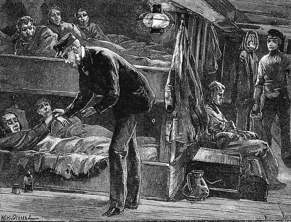 Taking the pulse of a sick Irish emigrant on board ship, (1840s) c1890