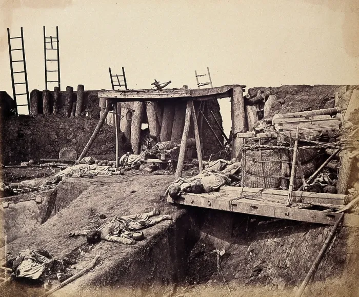 Framed Print : Taku, China: the North Fort: Chinese corpses following the capture of the fort by the Eng... 1860. Creator: Felice Beato Framed Print : Taku, China: the North Fort: Chinese corpses following the capture of the fort by the Eng... 1860. Creator: Felice Beato