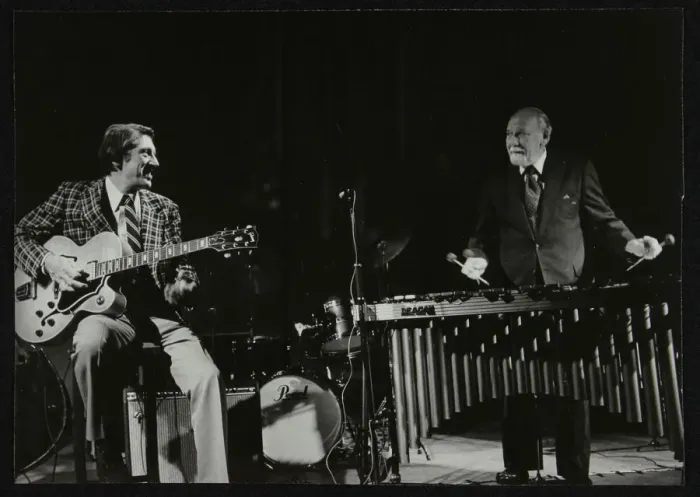 Framed Print : Tal Farlow (guitar) and Red Norvo (vibraphone) playing at Wallingford, Oxfordshire, 1981 Framed Print : Tal Farlow (guitar) and Red Norvo (vibraphone) playing at Wallingford, Oxfordshire, 1981