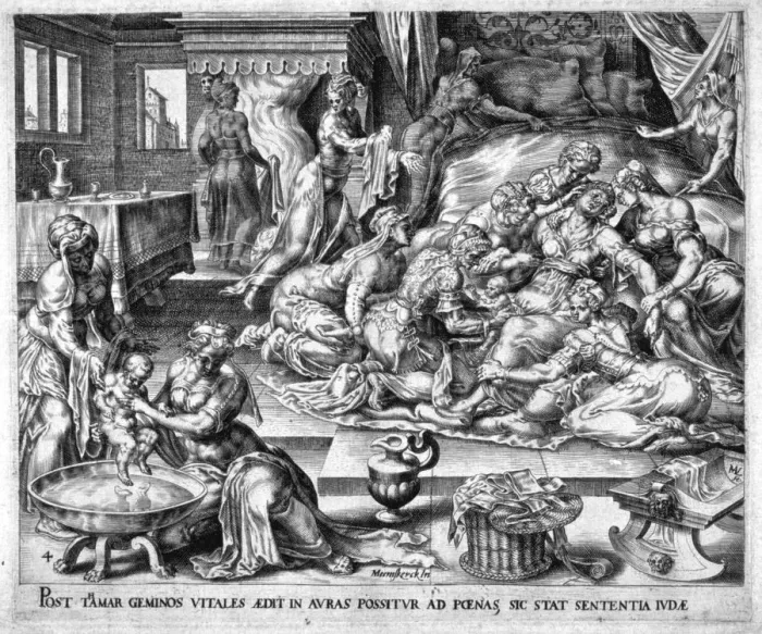 Framed Print : Tamar giving birth to Pharez and Sarah, 16th century Framed Print : Tamar giving birth to Pharez and Sarah, 16th century
