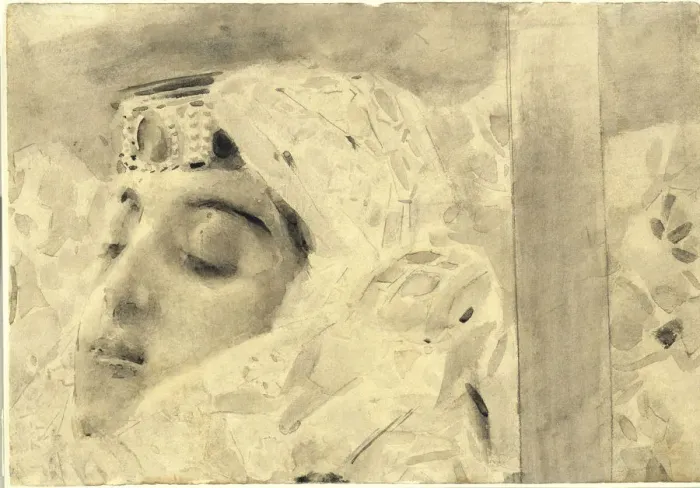 Framed Print : Tamara in the coffin. Illustration to the poem The Demon by Mikhail Lermontov, 1890-1891. Artist: Vrubel, Mikhail Alexandrovich (1856-1910) Framed Print : Tamara in the coffin. Illustration to the poem The Demon by Mikhail Lermontov, 1890-1891. Artist: Vrubel, Mikhail Alexandrovich (1856-1910)