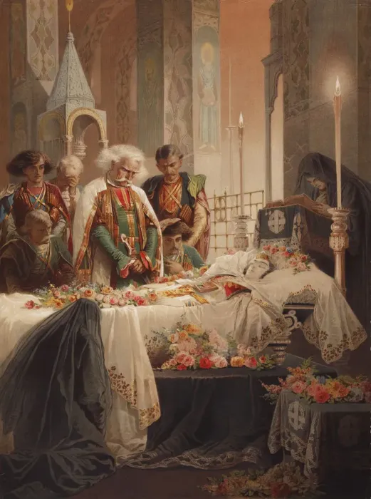 Framed Print : Tamara in the coffin. Illustration to the poem The Demon by Mikhail Lermontov, c. 1880. Artist: Zichy, Mihaly (1827-1906) Framed Print : Tamara in the coffin. Illustration to the poem The Demon by Mikhail Lermontov, c. 1880. Artist: Zichy, Mihaly (1827-1906)