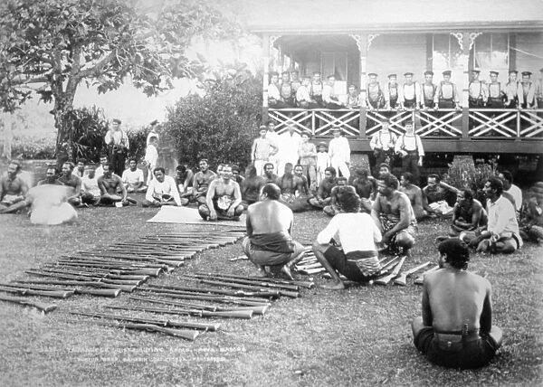 Tamasese distributing arms, Apia, Samoa, 1899