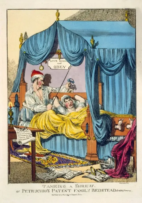 Framed Print : Taming a Shrew or Petruchios Patent Family Bedstead, Gag & Thumscrews, 1815 Framed Print : Taming a Shrew or Petruchios Patent Family Bedstead, Gag & Thumscrews, 1815