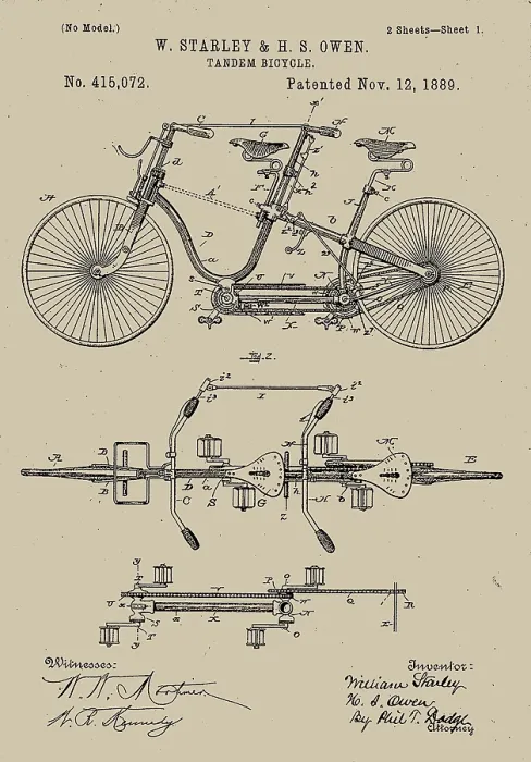 Framed Print : Tandem Bicycle 1889 Patent, 1889. Creator: W. Starley & H. S. Owen Framed Print : Tandem Bicycle 1889 Patent, 1889. Creator: W. Starley & H. S. Owen
