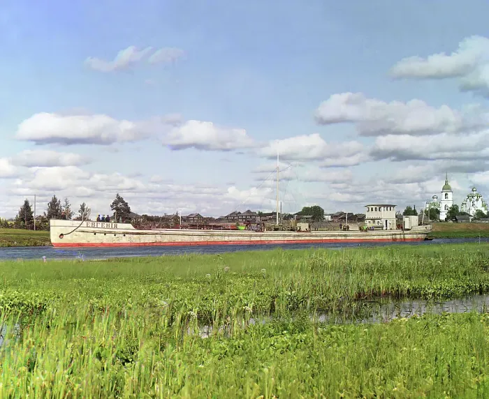 Framed Print : Tank barge of the Nobel brothers [Russian Empire], 1909. Creator: Sergey Mikhaylovich Prokudin-Gorsky