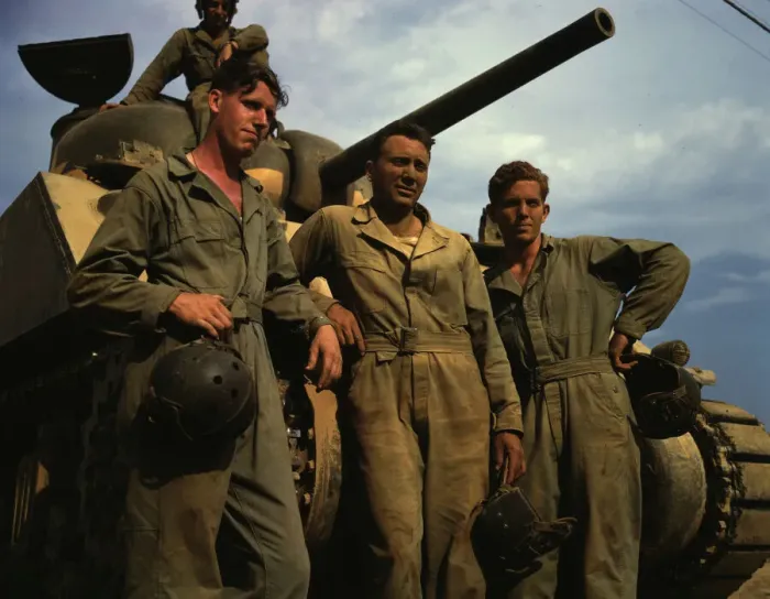 Framed Print : Tank crew standing in front of an M-4 tank, Ft. Knox, Ky. 1942. Creator: Alfred T Palmer Framed Print : Tank crew standing in front of an M-4 tank, Ft. Knox, Ky. 1942. Creator: Alfred T Palmer