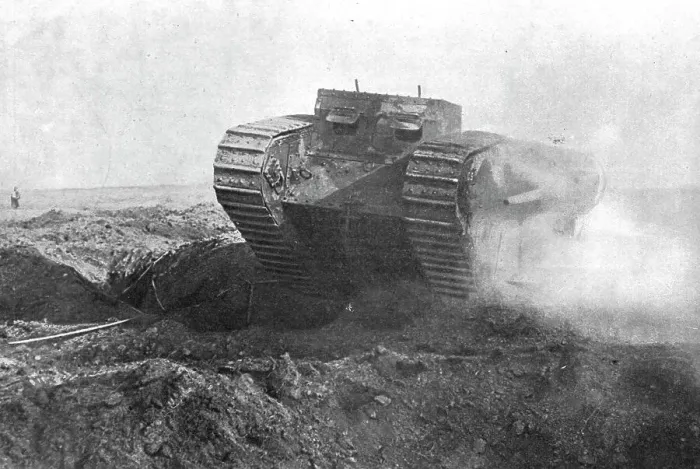 Framed Print : Un tank en action; la tourelle de gauche est armee d'un petit canon de marine a tir rapide, 1916. Creator: Unknown Framed Print : Un tank en action; la tourelle de gauche est armee d'un petit canon de marine a tir rapide, 1916. Creator: Unknown