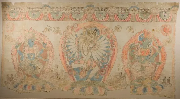 Framed Print : Tantric Temple Banner of a Dancing Goddess Flanked by Dakinis, 17th century Framed Print : Tantric Temple Banner of a Dancing Goddess Flanked by Dakinis, 17th century