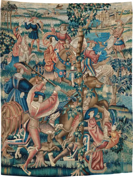 Framed Print : Tapestry (Bear Hunt and Falconry from a Hunts Series), Belgium, c. 1525. Creator: Unknown Framed Print : Tapestry (Bear Hunt and Falconry from a Hunts Series), Belgium, c. 1525. Creator: Unknown