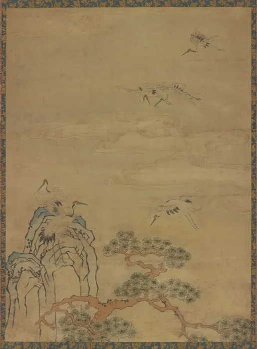 Framed Print : Tapestry with cranes, rocks, pines, and clouds, Ming dynasty, 1368-1644. Creator: Unknown Framed Print : Tapestry with cranes, rocks, pines, and clouds, Ming dynasty, 1368-1644. Creator: Unknown