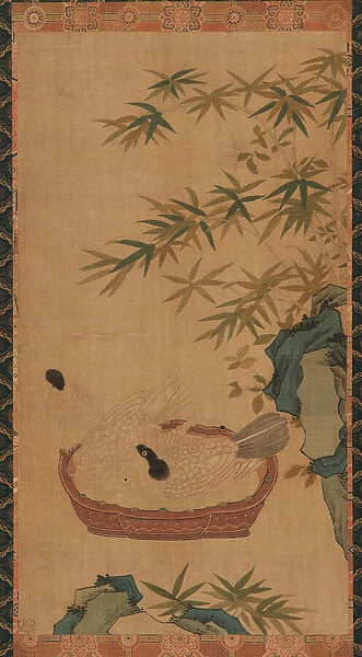 Tapestry: doves bathing in a bowl; rocks and bamboos, Possibly Ming dynasty, 1368-1644