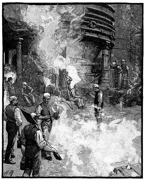 Tapping blast furnace, and casting iron into pigs, Siemens iron and steel works, Wales, 1885