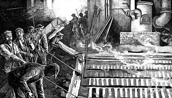 Tapping a blast furnace and casting iron into pigs, c1900