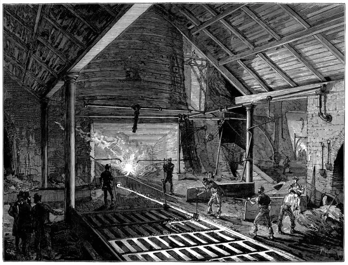 Framed Print : Tapping a blast furnace and running molten iron into the pigs, c1885 Framed Print : Tapping a blast furnace and running molten iron into the pigs, c1885