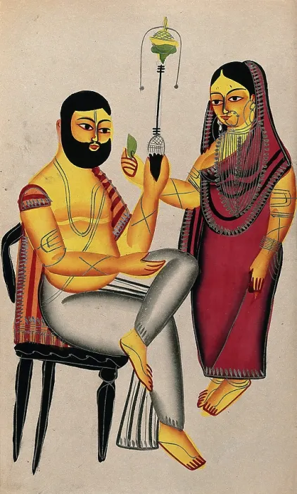 Framed Print : The Tarakeshwar murder: Elokeshi offers a betel-leaf to the seated Mahant. Creator: Unknown Framed Print : The Tarakeshwar murder: Elokeshi offers a betel-leaf to the seated Mahant. Creator: Unknown