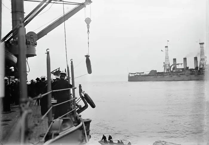 Framed Print : Target Practice - Hauling Torpedoes On Board, 1913. Creator: Unknown Framed Print : Target Practice - Hauling Torpedoes On Board, 1913. Creator: Unknown
