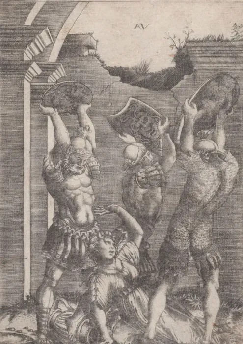 Framed Print : Tarpeia Crushed by the Sabines, ca. 1514-36. Creator: Agostino Veneziano Framed Print : Tarpeia Crushed by the Sabines, ca. 1514-36. Creator: Agostino Veneziano