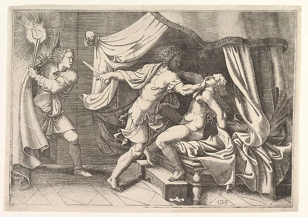 Tarquin attacking Lucretia, a servant at left witnessing the scene, ca. 1540