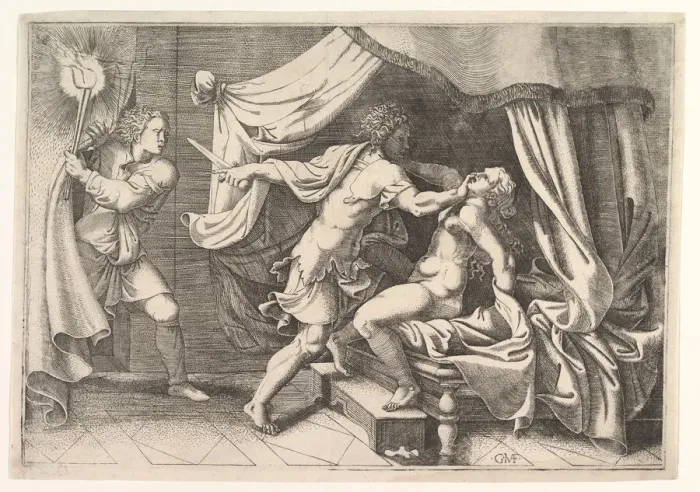 Framed Print : Tarquin attacking Lucretia, a servant at left witnessing the scene, ca. 1540 Framed Print : Tarquin attacking Lucretia, a servant at left witnessing the scene, ca. 1540