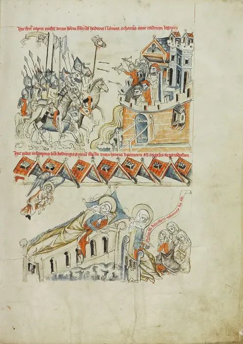 Framed Print : Tartars Carrying the Head of Heinrich before Castle Liegnitz Saint Hedwig... 2nd Half of 14th cen. Creator: Workshop of the Codex of Lubin (Vita beatae Hedwigis) (1364-1398)