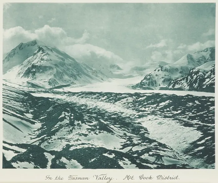 Framed Print : In the Tasman Valley, Mt Cook district. From the album: Record Pictures of New Zealand, 1920s. Creator: Harry Moult Framed Print : In the Tasman Valley, Mt Cook district. From the album: Record Pictures of New Zealand, 1920s. Creator: Harry Moult