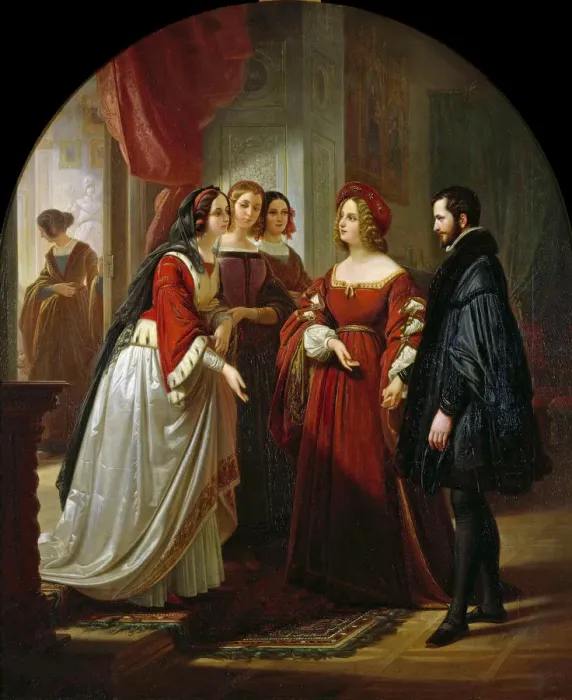 Framed Print : Tasso before Eleonora d Este, 1839. Creator: Hopfgarten, August Ferdinand (1807-1896) Framed Print : Tasso before Eleonora d Este, 1839. Creator: Hopfgarten, August Ferdinand (1807-1896)