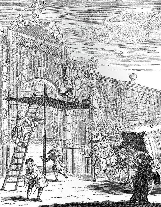 Framed Print : Taste: The Gate of Burlington House, 1731. Artist: William Hogarth Framed Print : Taste: The Gate of Burlington House, 1731. Artist: William Hogarth