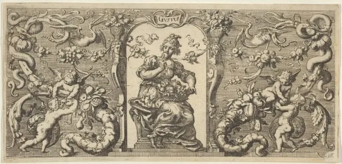 Framed Print : Taste (Gustus), from Quinque Sensuum (Five Senses), ca. 1655. Creator: Francis Cleyn Framed Print : Taste (Gustus), from Quinque Sensuum (Five Senses), ca. 1655. Creator: Francis Cleyn