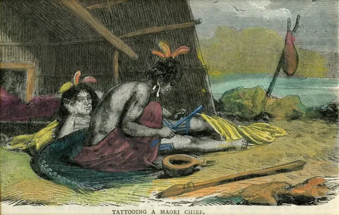 Framed Print : Tatooing a Maori chief, late 19th century(?) Framed Print : Tatooing a Maori chief, late 19th century(?)
