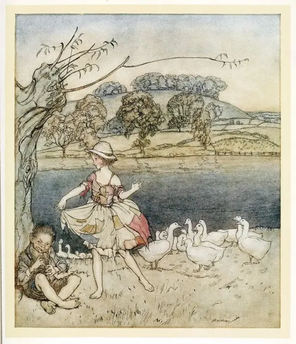 Framed Print : Tattercoats dancing while the goosherd pipes, from English Fairy Tales, pub. 1922 Framed Print : Tattercoats dancing while the goosherd pipes, from English Fairy Tales, pub. 1922