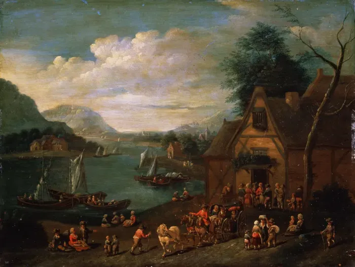 Framed Print : A Tavern at the Seashore, c16th-c18th century(?). Artist: Flemish Master Framed Print : A Tavern at the Seashore, c16th-c18th century(?). Artist: Flemish Master