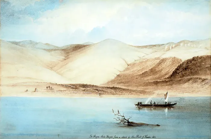 Framed Print : Te Rapa, Lake Taupo, 1862. Creator: John Kinder Framed Print : Te Rapa, Lake Taupo, 1862. Creator: John Kinder