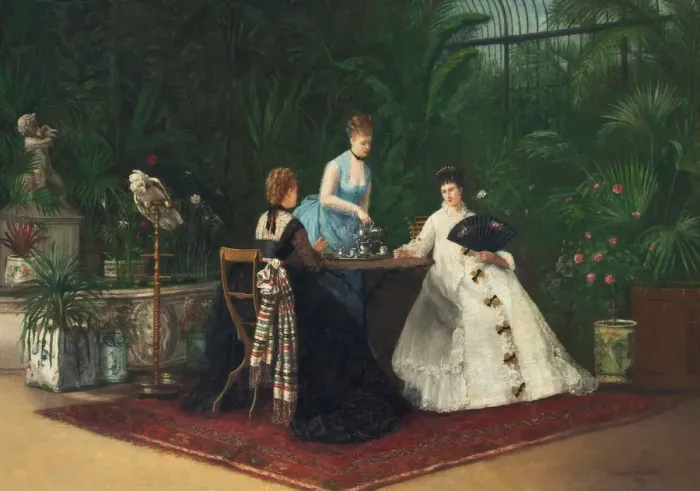 Framed Print : Tea in the conservatory, 1893. Creator: Samson, Jeanne (active 19th century) Framed Print : Tea in the conservatory, 1893. Creator: Samson, Jeanne (active 19th century)