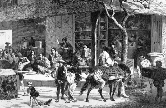Framed Print : A tea market in Japan, c1880 Framed Print : A tea market in Japan, c1880