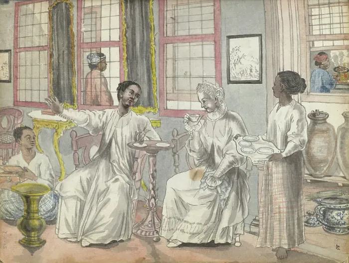 Framed Print : Tea party in a European house in Batavia, 1779-1785. Creator: Jan Brandes Framed Print : Tea party in a European house in Batavia, 1779-1785. Creator: Jan Brandes