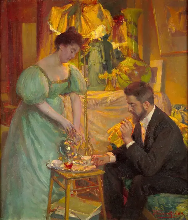 Framed Print : Tea (The painters Juliette and Rodolphe Wytsman). Creator: Richir, Herman (1866-1942) Framed Print : Tea (The painters Juliette and Rodolphe Wytsman). Creator: Richir, Herman (1866-1942)