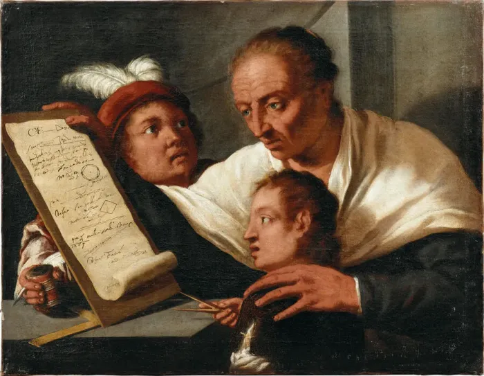 Framed Print : A teacher with two schoolboys, after 1650. Creator: Pietro della Vecchia (1603-1678) Framed Print : A teacher with two schoolboys, after 1650. Creator: Pietro della Vecchia (1603-1678)