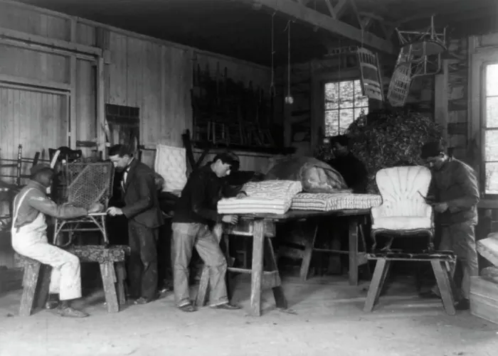 Framed Print : Teacher and four students making furniture at Hampton Institute, Hampton, Va. 1899 or 1900. Creator: Frances Benjamin Johnston Framed Print : Teacher and four students making furniture at Hampton Institute, Hampton, Va. 1899 or 1900. Creator: Frances Benjamin Johnston